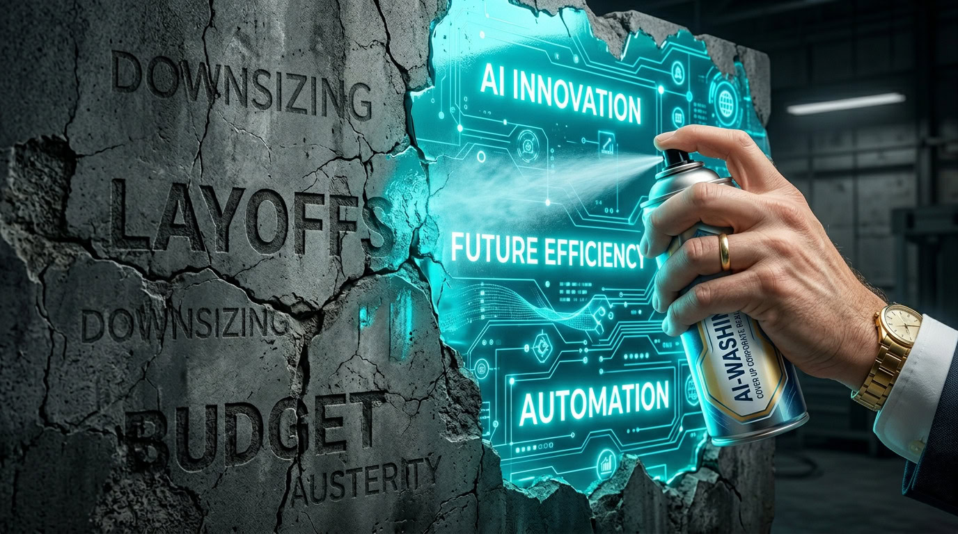 Ein Detailfoto, das eine Hand eines Geschäftsmannes im Anzug zeigt, die aus einer Spraydose mit dem Etikett „AI WASHING“ einen cyanfarbenen Dunst auf eine rissige Betonwand sprüht. Die Spraydose ist eine silberne Metalldose mit einem goldfarbenen Etikett und einem schwarzen Sprühkopf, die er mit Daumen und Zeigefinger hält. An seiner Hand trägt er einen goldenen Ehering und eine goldene Armbanduhr mit einem hellen Zifferblatt, die am Handgelenk sichtbar ist. Auf der rissigen Betonwand sind links einige Wörter eingeritzt, darunter „DOWNSIZING“, „LAYOFFS“, „DOWNSIZING“, „BUDGET“ und „AUSTERITY“, die alle grau und schwer lesbar sind. Der cyanfarbene Dunst, der aus der Spraydose sprüht, bildet auf der Wand eine leuchtend cyanfarbene, digitale Oberfläche mit Schaltkreisen, Icons und leuchtenden Wörtern. Oben links auf dieser Oberfläche steht „AI INNOVATION“, darunter „FUTURE EFFICIENCY“ und ganz unten „AUTOMATION“. Der Geschäftsmann steht rechts und sprüht den Dunst auf die linke Seite der Wand, wodurch die graue Wand mit den negativen Wörtern übermalt wird. Der Hintergrund ist ein unscharfer, dunkler Büroraum mit einigen Schreibtischen und Lampen. Die Betonwand ist links rissig und uneben, rechts wird sie durch die digitale, leuchtende Oberfläche glatt und modern.