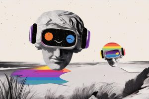 Firefly robots over beach, invasion of people and the ocean at sunset 56750